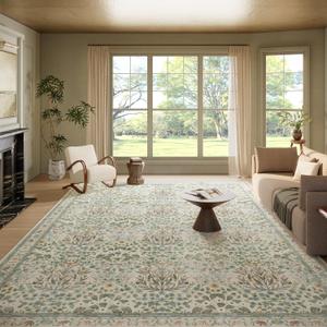 9x12 Washable Area Rug, Soft Non Slip Low Pile Rug for Living Room, Bedroom, Large Dining Room, Vintage Floral Design, Stain Resistant Carpet