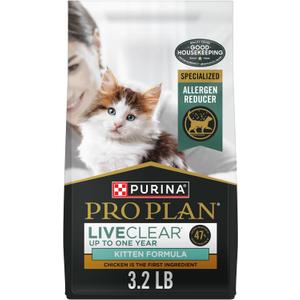 Purina Pro Plan LiveClear Dry Cat Food for Kittens Cat Allergen Reducer Chicken and Rice Formula - 3.2 lb. Bag, Pack of 6