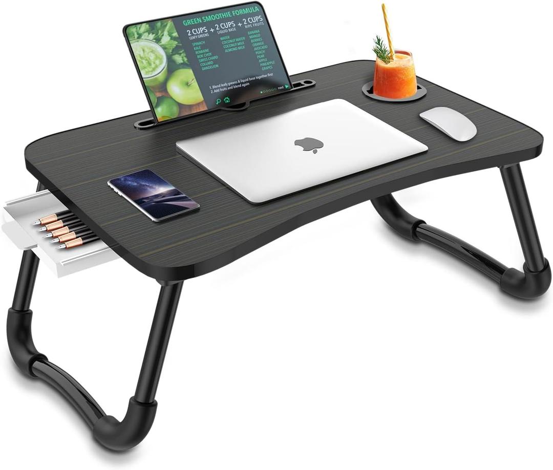 Zapuno Foldable Laptop Bed Table Multi-Function Lap Serving Tray Dining Table with Storage Drawer and Water Bottle Holder, Slot for Eating, Working on Couch/Sofa (Arc Shape) (Black)