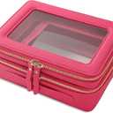 Aveniee XL Clear Makeup Organizer,Double Layer Travel Cosmetic Case with Brush Holder & Zippered Compartments,Big Toiletry Bag for Travel Accessories,2 Layers Large,Hotpink