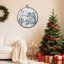 HUGANE Christmas Blue Snowman Bird Round Wall Art Decor, Let it Snow Cozy Rustic Xmas Winter Hanging Canvas Framed Prints Wall Sculptures for Home Bedroom Living Room Decor, 10x10 Inch