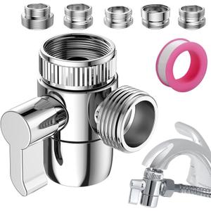 Faucet Diverter Valve with Aerator, 3-Way Diverter Valve for Hand Held Shower, Sink Faucet Splitter for Kitchen and Bathroom, with M22/M24/M26/F28/G1/2" Adapters (Sliver with 5 Adapters)