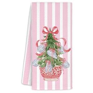 WUCHJ Coastal Oyster Pink Chinoiserie Christmas Kitchen Towels, Red Bow Christmas Tree Beach Hand Towels for Bathroom, Nautical Grandmillennial Xmas Decorative Dish Tea Towel, 16x24 Inch