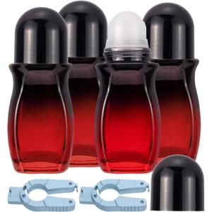 Ellbest 4Pcs Rollerball Bottles Set 50ml Gradient Red Glass Deodorant Roller Bottle with Plastic Roller Ball and 2Pcs Opener Perfume Roll On Bottles Deodorant Containers for Essential Oils (Black Lid)