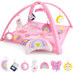 Peanutshell Baby Girl Rainbow Paradise 7-in-1 Play Gym - Playmat Toys for Newborns, Infants: 0-6, 6-12 months Tummy Time Mat with Hanging Toys, Soft Padded