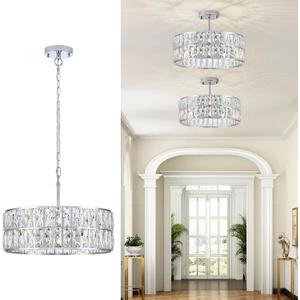 Modern Crystal Chandelier 18" Chrome Semi Flush Mount Ceiling Light Fixtures 6-Lights Drum Crystal Pendant Lighting for Dining Room Foyer Bedroom Living Room