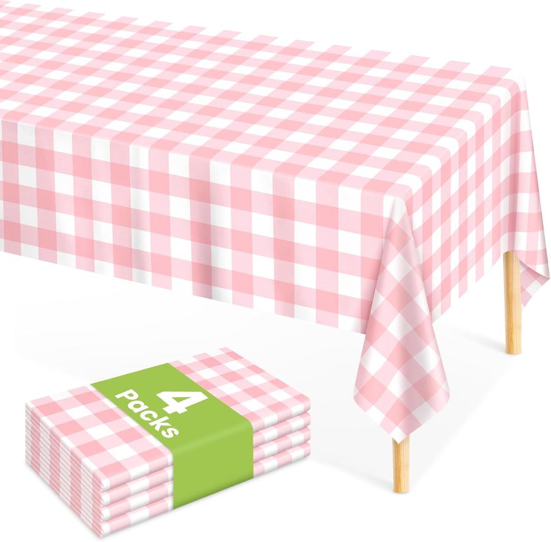 Mulbozy 4 Pcs Pink Gingham Tablecloth 54 108 Inches Pink and White Checkered Table Cloth Disposable Plastic Waterproof Tablecover for Outdoor Picnic, Birthday Party, Holiday Dinner