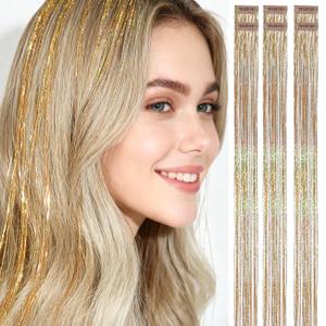 Clip in Hair Tinsel,6 Packs Champagne Gold, 24 Inch Trimmable, 75 Strands per Clip, Heat Resistant, Luxe Glitter Hair Strands for Bridal & Party Looks (02-Champagne Gold, 24 Inches 6 Pcs)
