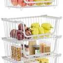 4 Pack Stackable Wire Baskets with Handles for Pantry Organizers and Storage, Fruit and Vegetable wire storage baskets, Potato and Onion Storage Bin, Metal Baskets for Organizing Snacks, Cans (White)
