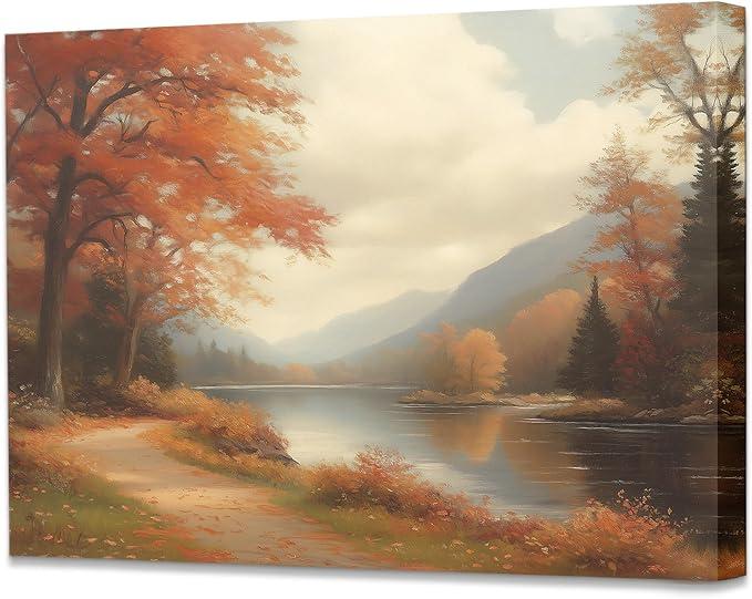 Pugwak Vintage Fall Lake Landscape Wall Art Canvas Prints - Rustic Autumn Forest Wall Decor Framed Canvas Art Painting Artwork for Home Bedroom Living Room Decor 11×14 Inch