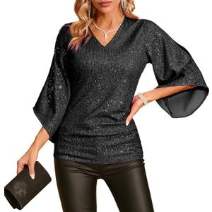 Womens Sequin Top 3/4 Sleeve Sparkly Shirt Glitter V-Neck Dressy Blouse for Evening Party Night (Extra Large, Black)