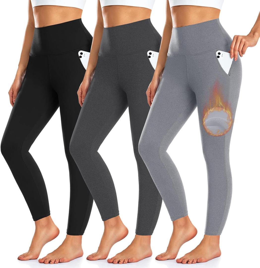 3 Pack Fleece Lined Leggings Women with Pockets -Warm Winter Yoga Pants for Women Thermal Running Workout Leggings (Small-Medium, Black/Ebony/Slate Heather)