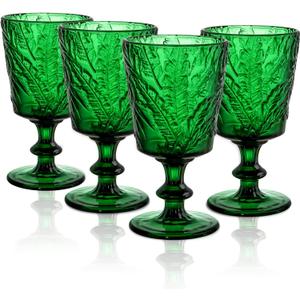SOUJOY Set of 4 Colored Wine Glass Goblet, 12oz Handmade Pressed Stemmed Water Cup, Green Vintage Tropical Palm Pattern Embossed Drinkware for Party, Wedding, Christmas
