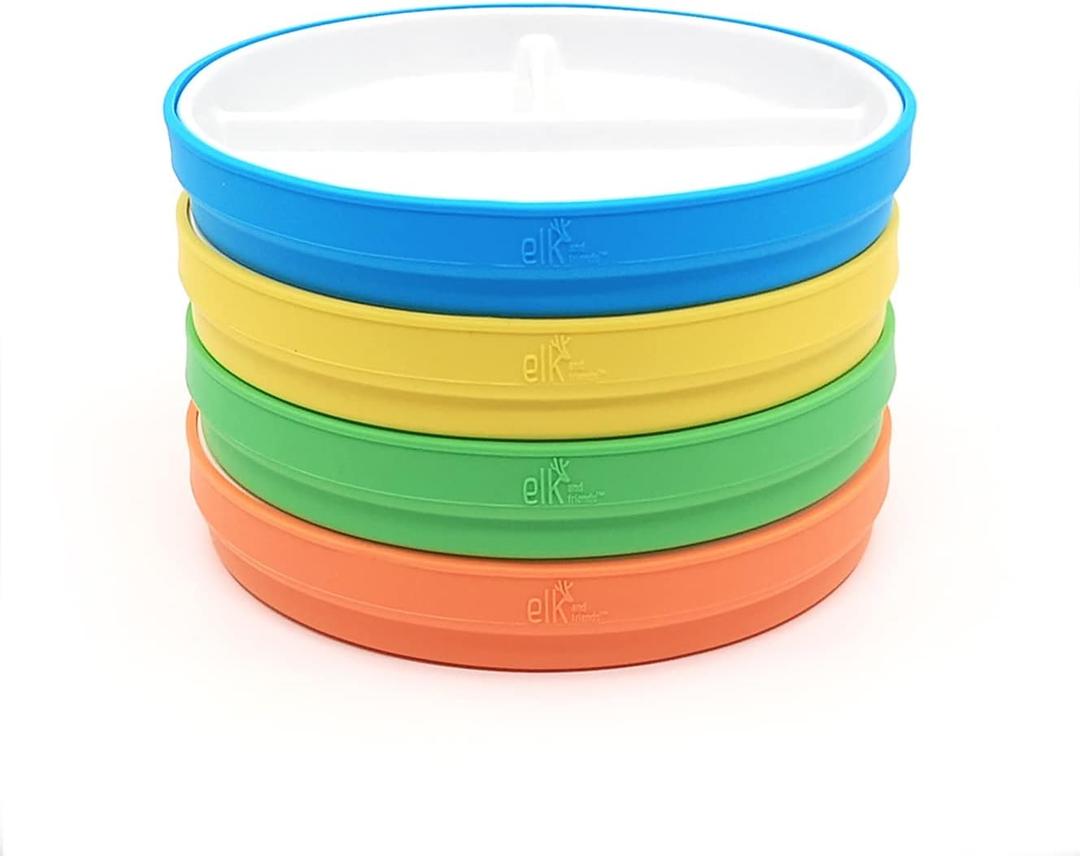 Elk and Friends Kids 6.7 Porcelain Divided Plates with Silicone Sleeves | Suitable for Babies/Kids/Toddlers | Microwave & Dishwasher Safe | Non Slip | Snack Dishes (Green/Orange/Blue/Yellow)