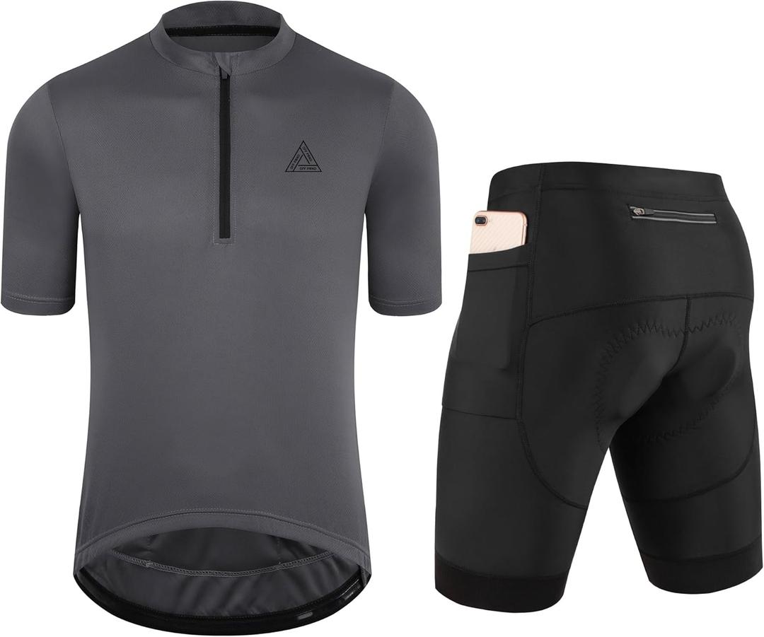 Men's Cycling Jersey 1/3 Zipper Cycling Clothing Set Solid Color Club Fit, Bike Jersey and Shorts Zipper Pocket (Medium, Grey)