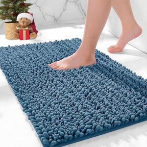 Bathroom Rugs Non Slip Washable 36x24, Extra Thick Soft Chenille Absorbent Bath Mat, High Density Barrier Non Slip Backing, Quick Dry Plush Shaggy Floor Carpet for Tub&Shower, Blue