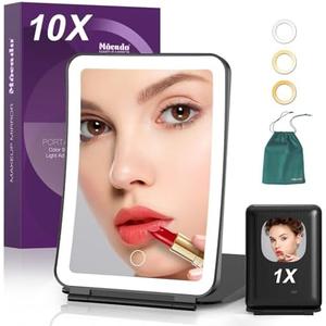 Mocado Travel Makeup Mirror with Light, 1x/10x Magnifying Mirror with Light, 3 Colors Lighted Magnifying Mirror, 2000mAh Rechargeable Lighted Makeup Mirror, Dimmable Touch, Memory Function (Black