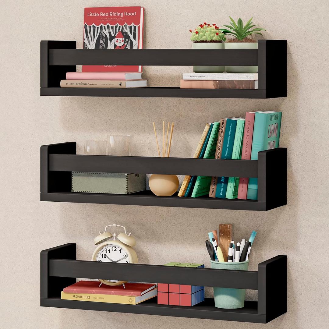 Set of 3, 16.4 Inch. Nursery Book Shelves, Wall Bookshelves for Kids Room Decor, Baby Organizer for Playroom, Book Shelf for Wall, Modern Storage for Nursery or Playroom, Black