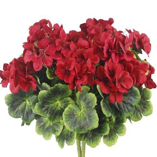 FAICOIA 2 Pcs Artificial Geraniums for Outdoor Silk Geranium Flowers Red Artificial Geranium Bush Faux Flowers Geraniums Branch for Garden Patio Grave Cemetary Vase Table Centerpiece Indoor Decor