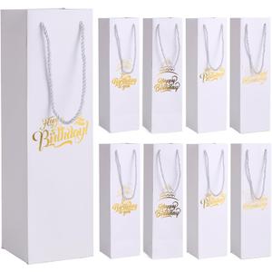 Tlenpo 8 Pcs Birthday Wine Gift Bags for Bottles, Gold Foil White Whiskey Tote for Birthday Party, Reusable, 230g Laminated for Extra Strength 13.7x3.8x3.8 Inches