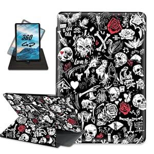 for Fire HD 10 Tablet Case (13th Generation, 2023 Released) 10.1" Multi-Angle Rotating Stand PU Leather Auto Wake/ Sleep for Amazon Kindle fire 10 case Protective Cover, Skulls Red Roses Flowers