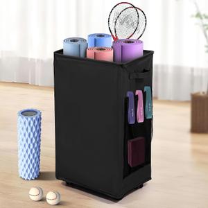 Yoga Mat Storage Racks, Home Gym Storage Rack with Wheels, Yoga Mat Holder Side 2 Mesh Pockets, Yoga Storage Basket Holds 4 Yoga Mats, 2 Foam Rollers, 6 Resistance Bands (Black)