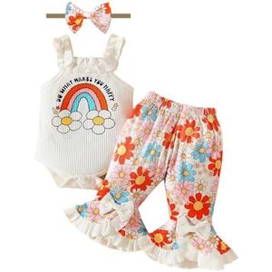 Mikccer Newborn Girl Outfits Baby Girl Summer Clothes Ruffle Romper Pant with Headband Set Infant Bodysuits, Size 0-3M