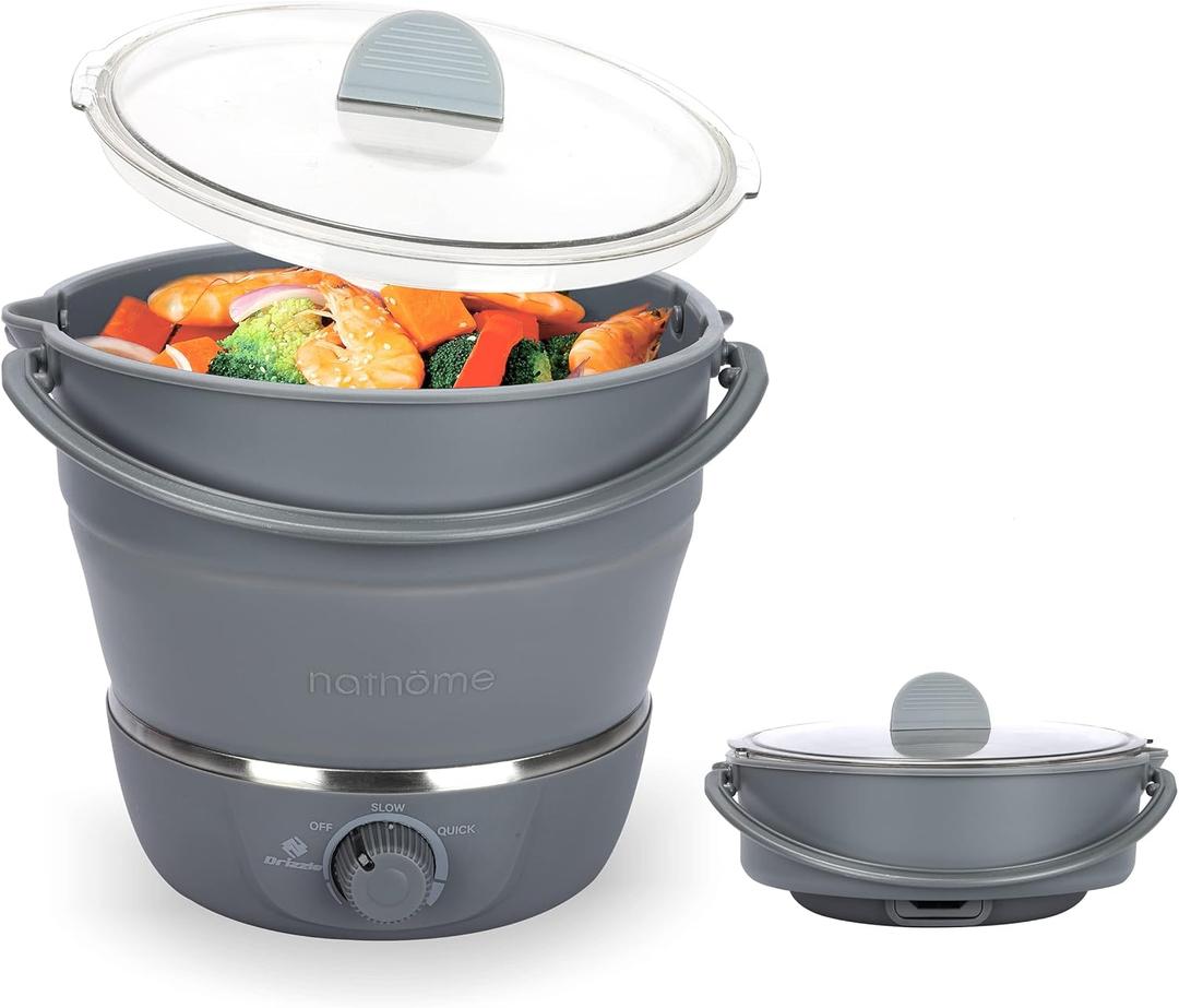 Drizzle Foldable Electric Cooker Travel Hot Pot - Dual Voltage 100V-240V Hot Pot Cooking - Food Grade Silicone Cookerware Boiling Water Steamer - Camping Office Hotel Noodle Porridge Soup Drom (Gray)
