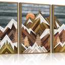 BINCUE Rustic Mountain Canvas Wall Picture Framed Mountain Wall Art Nature Landscape Artwork Boho Mountain Wall Decor Farmhouse Painting for Office Living Room Bedroom 16x24 Inches Set of 3