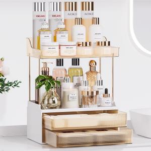 Bathroom Counter Organizer, 2-Tier 2-Drawer Makeup Organizer Countertop, Easy to Install, Ideal for Bathroom Storage, Vanity, Perfume, Large Skincare Items, Present, and More, Amber