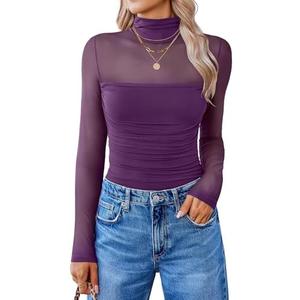 Avidlove Women Long Sleeve Bodysuit Turtle Neck Shapewear Body Suits Mesh One Piece Leotard Shirt Going Out Tops Fall Outfits, M, Dark Purpl