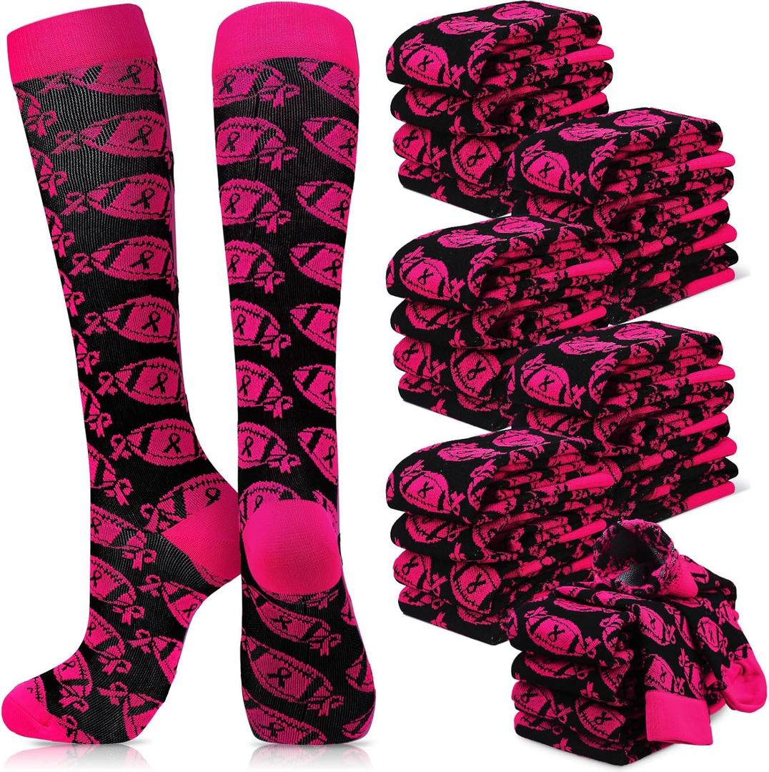 Foaincore 24 Pairs Pink Ribbon Socks Bulk Breast Cancer Awareness Support Pink Out Day Football Volleyball Compression Socks