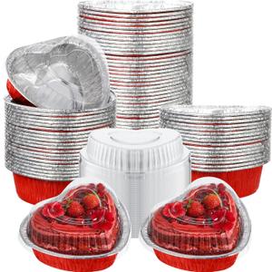Honeydak 50 Pcs Heart Shaped Cake Pans for Baking with Lids 3.4 oz / 100ML Valentine's Aluminum Foil Cupcake Cups Mini Heart Cake Liners Disposable Baking Tins for Wedding Anniversary Dessert