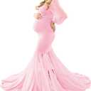 Saslax Long Chiffon Sleeve Tired Mermaid Maternity Dress for Photoshoot Photography Baby Shower (Medium, X-pink 69)
