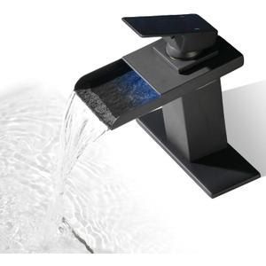 LED Bathroom Sink Faucet, Brushed Nickel Waterfall Single Hole Handle Vanity Faucets for Sinks 1 Hole with Metal Deck Plate and 2 Water Supply Lines, Stainless Steel Spout (Black)