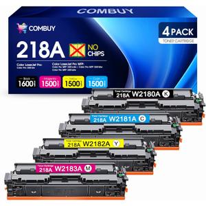 COMBUY 218A Toner Cartridges 4 Pack (NO CHIP) Replacement for 218A Toner Cartridges 4 Pack W2180A 218X W2180X for Color Pro MFP 3301fdw 3201dw 3301cdw 3301sdw Printer Black Cyan Magenta Yellow