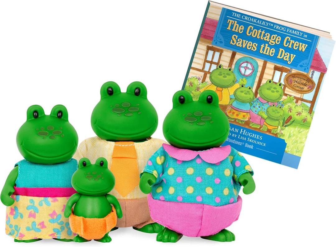 Li'l Woodzeez  The Croakalily Frog Family  Set of 4 Collectible Posable Figures with Storybook  Pretend Play Doll Toys for Imaginative 3+ Years