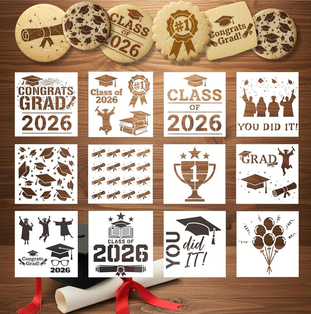 12Pcs Graduation Cookie Stencils Set 5.5"x5.5"  Class of 2026 Grad Cap & Diploma Designs, Reusable Plastic Cake Stencils for Cookies, Airbrush, Crafts & Graduation Party Decor