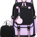 Bevalsa Backpack with Lunch Bag Bookbag Set for Girls Kids Middle High School College Student 21L Casual Daypack Children Schoolbag Bookbag with USB Charging Port (Purple)