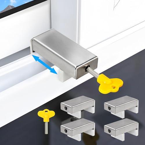 Sliding Window Locks (4 Sets), 0.66'' to 1.65'' Adjustable Width Stainless Steel Window Locks with Keys, Window Locks Child Proof Window Stopper Security for Vertical and Horizontal Sliding Windows