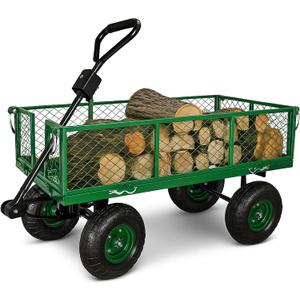 Backyard Expressions Heavy Duty 600 Lbs Capacity Mesh Steel Garden Cart Folding Utility Wagon with Removable Sides and (4) 10 Inch Wheels (Green)