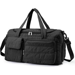 Gym Bag for Women, Cute Travel Duffel Bag with Shoe Compartment & Wet Pocket, Lightweight Puffer Weekender Overnight Bag, Travel Carry On for Sport, Hospital, Yoga (Black)