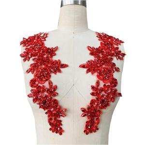 Zbroh Handmade red/White//Green/Blue Rhinestones Applique Sewing Beads Stones Trim lace Patches Accessory for Dress Clothes one Pair (Red)