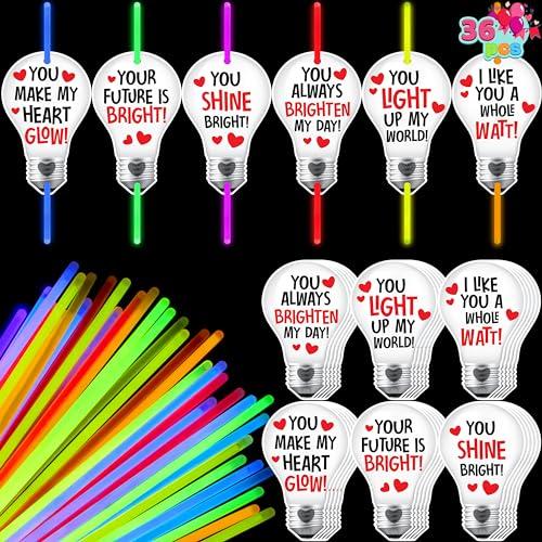 JOYIN 36 Packs Neon Valentines Day Gift Bulb Cards with Glow Sticks, Glow Necklaces for Valentine's Party Favor, Valentine Classroom Exchange Cards, Valentine School Prize