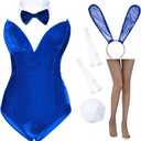 Anime Womens Bunny Girl Costume One Piece Bodysuit Halloween Cosplay Catsuit Bunny Headband Stockings Set (X-Small, Blue)