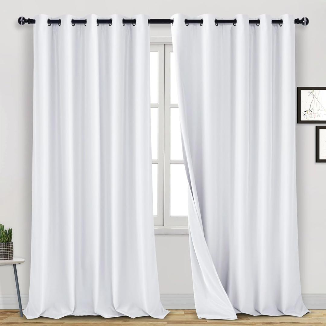 DWCN Wide 100% Blackout Curtains for Living Room Thermal Insulated Light Blocking Full Room Darkening Noise Reducing Grommet Top 2 Panels Curtain (White,70" W x 108" L)