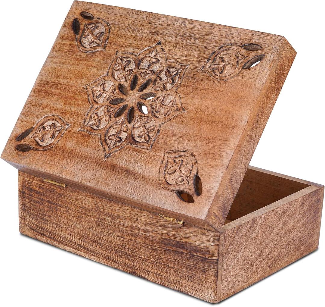 Mela Artisans Wooden Keepsake Box | Burnt Mango Wood Memory | Photo Storage Box with Hinged Lid | Decorative Storage Box | Mediumc | 7.5x4.5x3 Inch