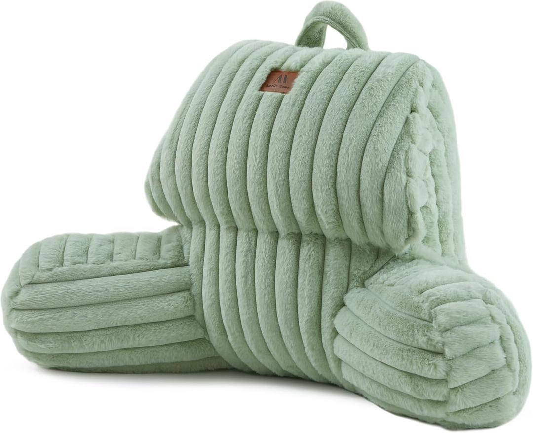 Amlie Home Faux Fur Reading Pillow with Pocket for Sitting in Bed, Kids Backrest Bed Pillow with Washable Cover for Lounging, Watching TV/Gaming/Resting/Post/Surgery/Nursing, Sage Green 17 inches