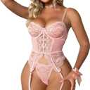 WDIRARA Women's Sexy Lingerie Set Floral Lace Garter Bustier Lingerie Set with 1Pair Fishnet Stocking (Light Pink, S)