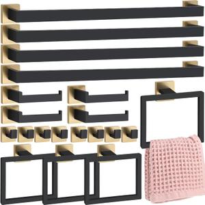 Gisafai 20 Pcs Black Gold Bathroom Hardware Accessories Set 23.6 Inch Bath Towel Bar Kit Stainless Steel Bathroom Hardware Set Towel Racks Ring Robe Hooks Paper Holder for Wall Mounted